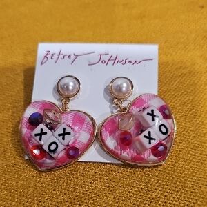 Betsey Johnson Pink Plaid Heart Earrings with Pearl Accent and Gold Accents